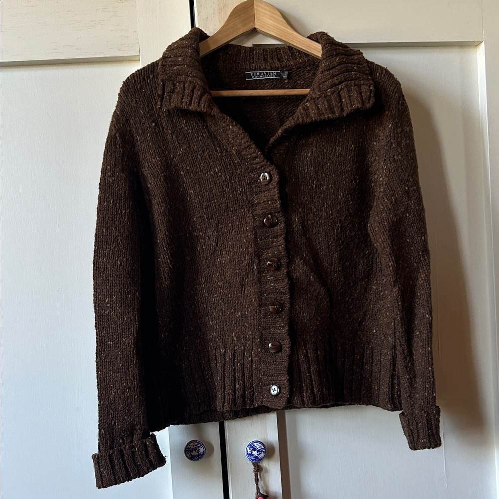 Peruvian Connection brown tweed cardigan